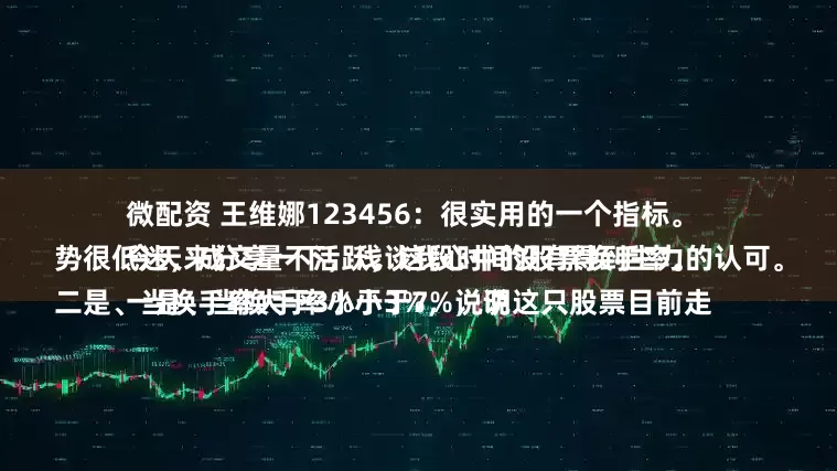 微配资 王维娜123456：很实用的一个指标。
今天来分享一下，浅谈我心中的股票换手率。
一是、当换手率小于3%，说明这只股票目前走势很低迷，成交量不活跃，这段时间没有得到主力的认可。
二是、当换手率大于3%小于7%，说